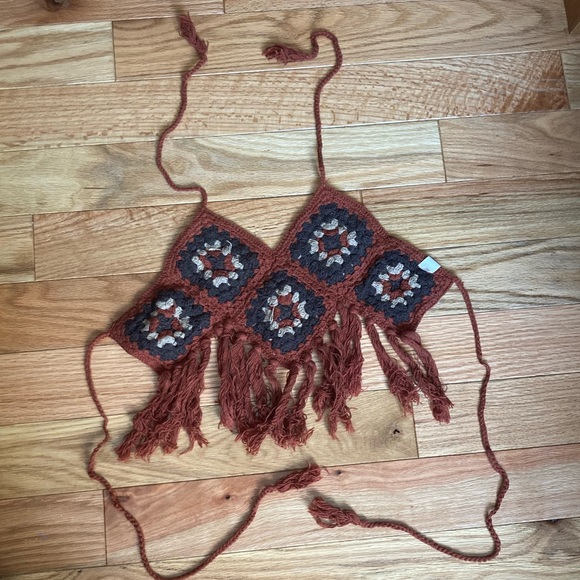 Hippie California Crochet Bohemian Rust/Sage/Cream Crop Tie Top S - Picture 4 of 9